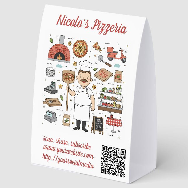 Editable QR Code Pizza Restaurant Menu Paper Table Tent (Front)