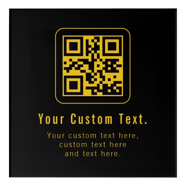 Editable QR Code & Text Template | Black & Gold Acrylic Print (Front)