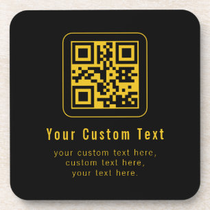 Editable QR Code & Text Template   Black & Gold Beverage Coaster