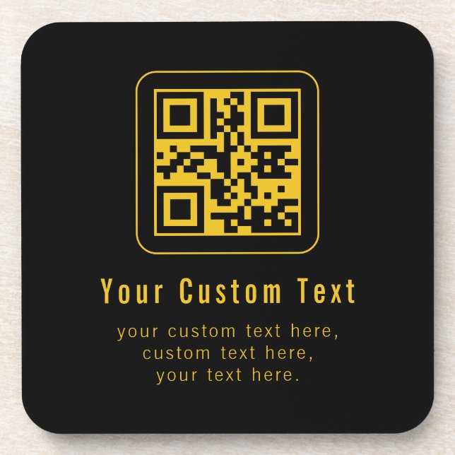 Editable QR Code & Text Template | Black & Gold Beverage Coaster (Front)