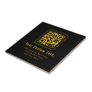 Editable QR Code & Text Template Black & Gold Ceramic Tile