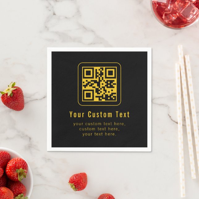 Editable QR Code & Text Template | Black & Gold Napkins (Insitu)