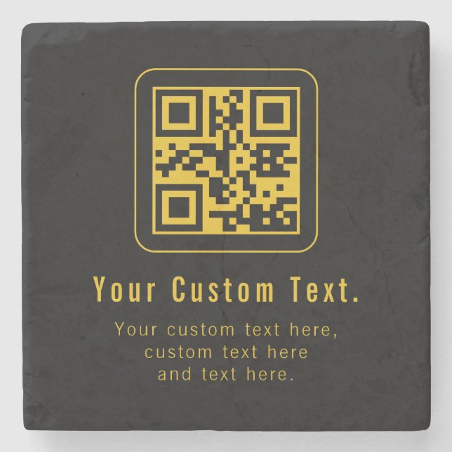 Editable QR Code & Text Template | Black & Gold Stone Coaster (Front)