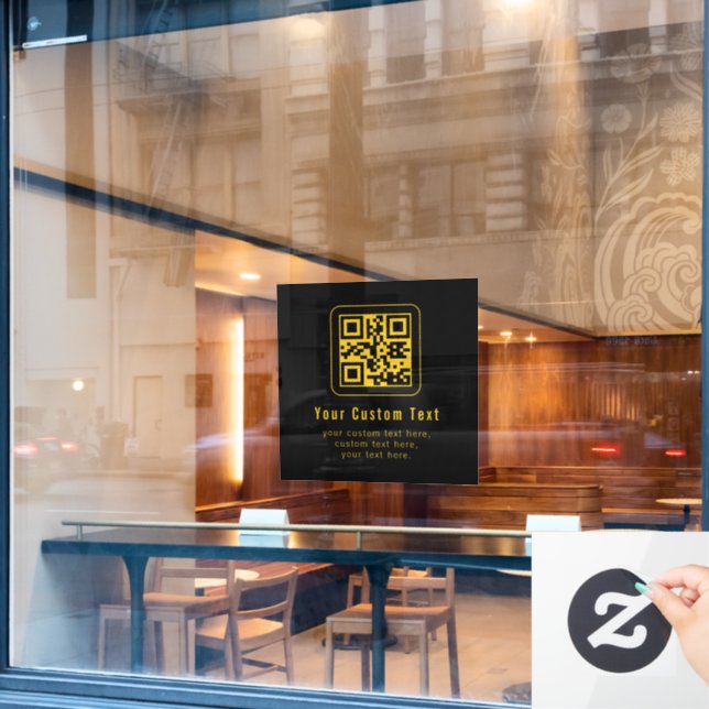 Editable QR Code & Text Template | Black & Gold Window Cling (Cafe Window)