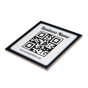 Editable QR code & Text w/Light Blue Border Ceramic Tile