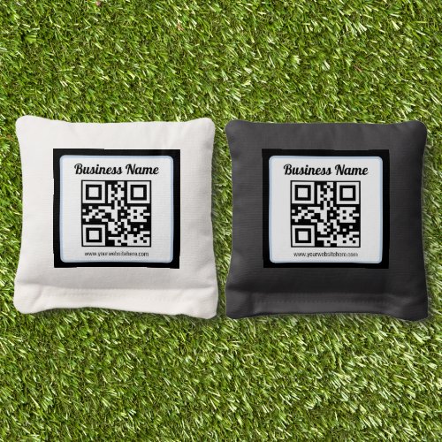 Editable QR code & Text w/Light Blue Border Cornhole Bags