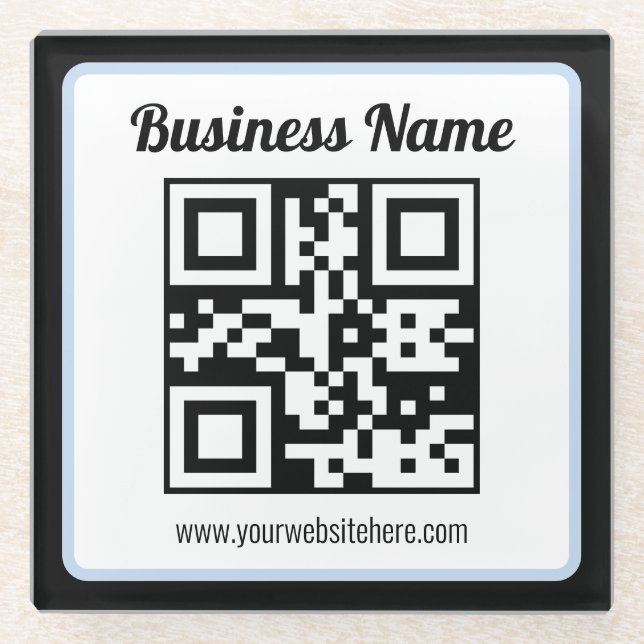Editable QR code & Text w/Light Blue Border Glass Coaster (Front)
