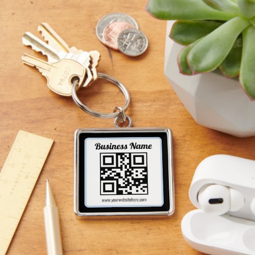 Editable QR code & Text w/Light Blue Border Keychain