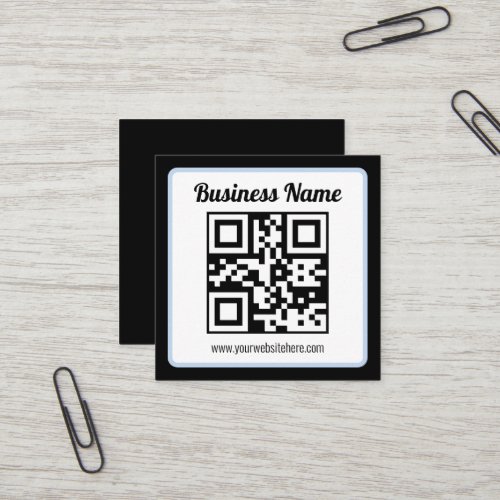 Editable QR code & Text w/Light Blue Border Square Business Card