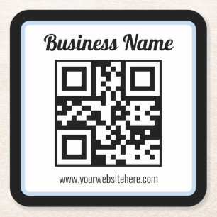 Editable QR code & Text w/Light Blue Border Square Paper Coaster