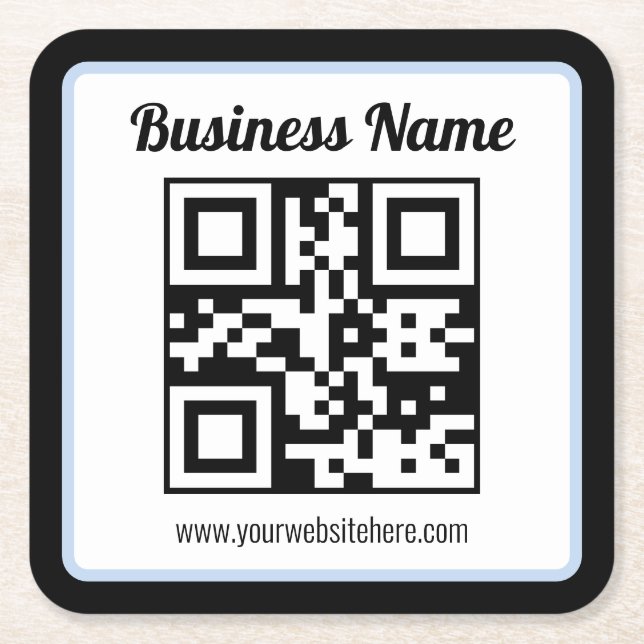 Editable QR code & Text w/Light Blue Border Square Paper Coaster (Front)