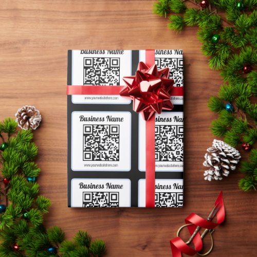 Editable QR code & Text w/Light Blue Border Wrapping Paper