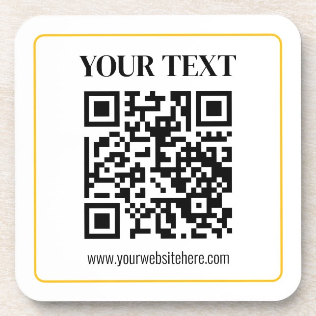 Editable QR code & Text w/Yellow Gold Border Beverage Coaster (Front)