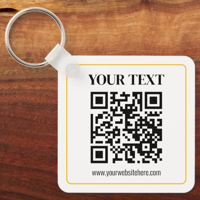 Editable QR code & Text w/Yellow Gold Border Keychain (Front)