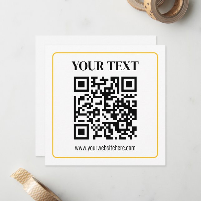 Editable QR code & Text w/Yellow Gold Border Note Card (Front/Back In Situ)