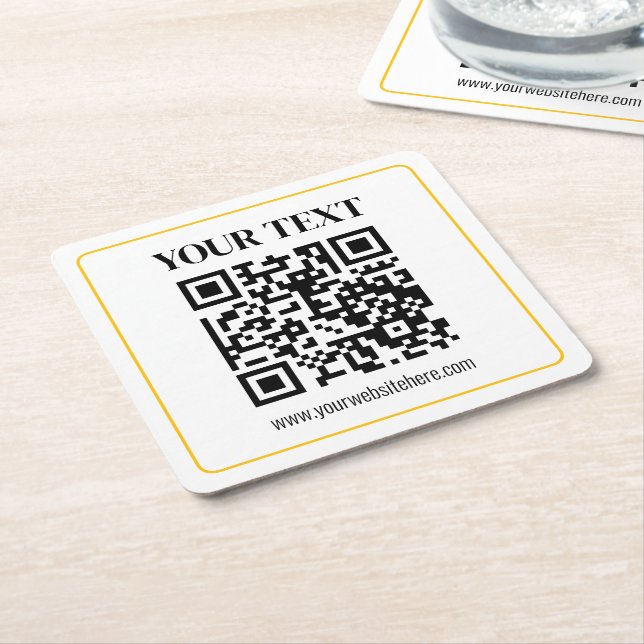 Editable QR code & Text w/Yellow Gold Border Square Paper Coaster (Angled)