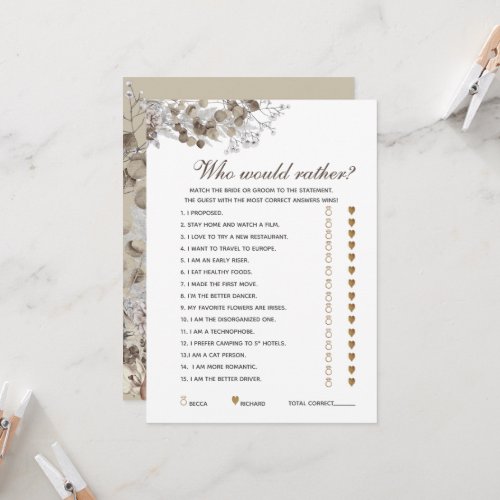 Editable Questions Rustic Bridal Shower Game Card