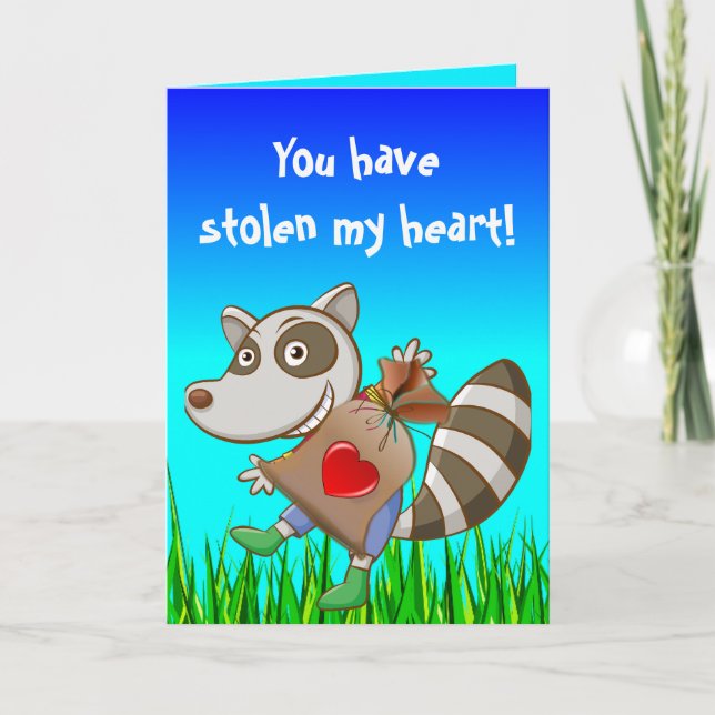 Editable Raccoon Stealing a Heart Valentine's Day Card (Front)