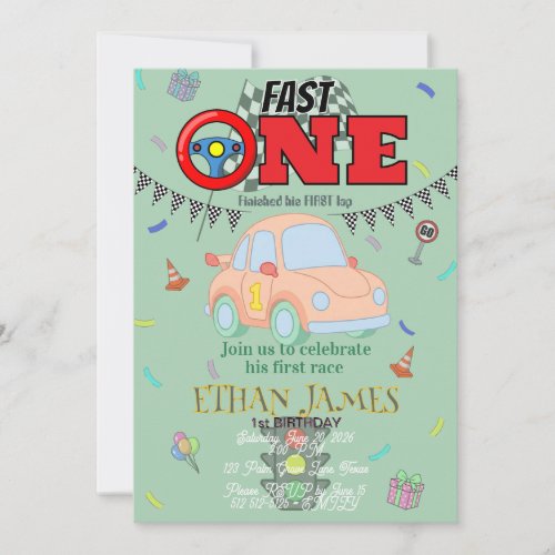 Editable Racing Boy 1st Birthday green Invitation