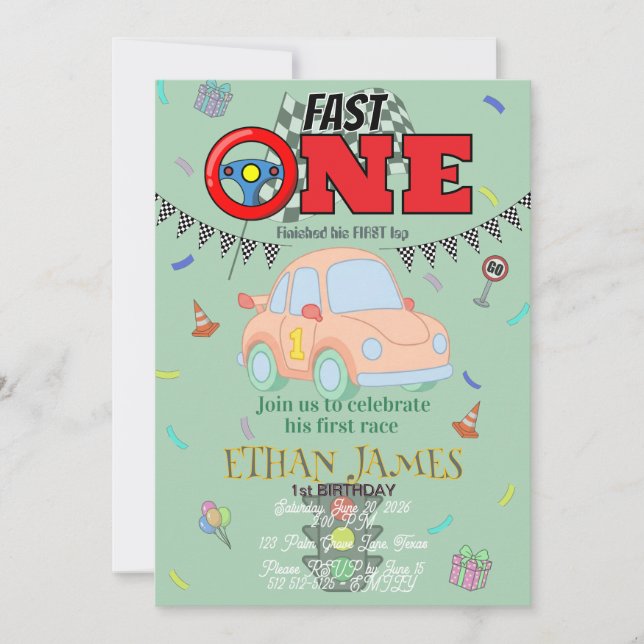 Editable Racing Boy 1st Birthday green Invitation (Front)