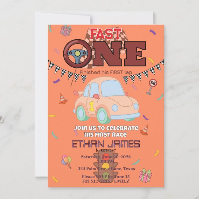 Editable Racing Boy 1st Birthday orange Invitation (Front)