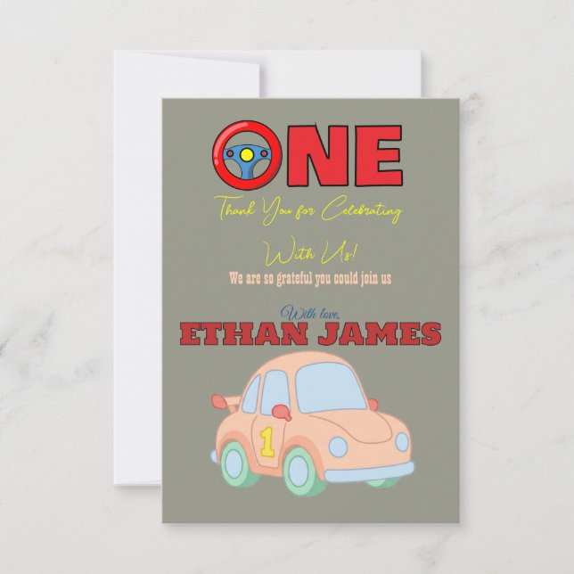 Editable Racing Boy 1st Birthday thank you card (Front)