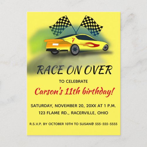 Editable Racing Car Birthday Party Invitation Postcard