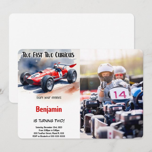Editable Racing Car, Two Fast Birthday Photo Invitation (Front/Back)