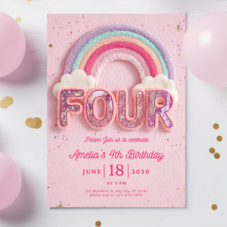 Editable Rainbow Fourth Birthday Invitation, Pink Invitation