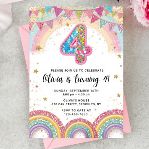 Editable Rainbow Sequin 4th Birthday Invitation
