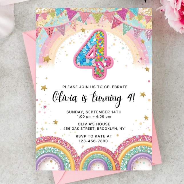 Editable Rainbow Sequin 4th Birthday Invitation (Creator Uploaded)
