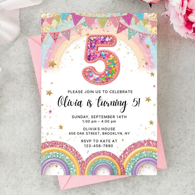 Editable Rainbow Sequin 5th Birthday Invitation (Creator Uploaded)