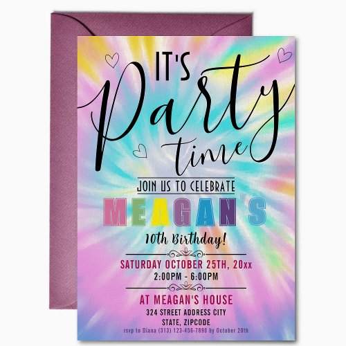 Editable Rainbow Tie Dye Birthday Party Invitation