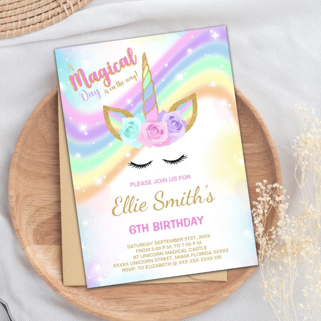 Editable Rainbow Unicorn Birthday Invitation (Rainbow Design Unicorn Birthday Invitations)