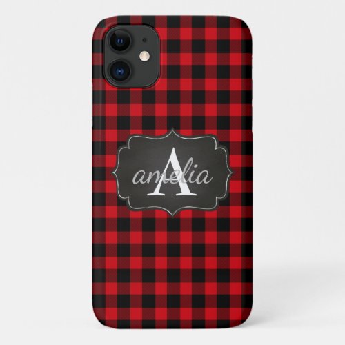 EDITABLE Red and Black Buffalo Plaid Monogrammed iPhone 11 Case