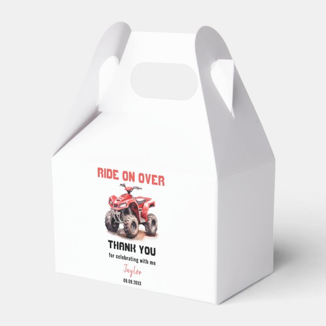 Editable Red ATV Wheeler Bike Birthday Party Favor Boxes (Front Side)