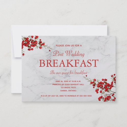 Editable Red Berries Grey Marble Breakfast RSVP Card