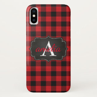 EDITABLE Red & Black Buffalo Plaid Monogrammed iPhone X Case