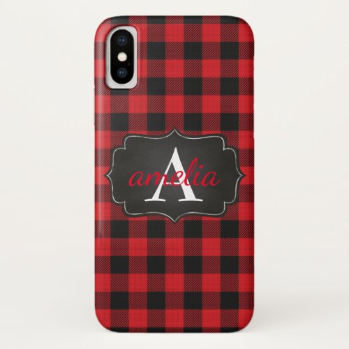 EDITABLE Red  Black  Buffalo Plaid Monogrammed iPhone X Case