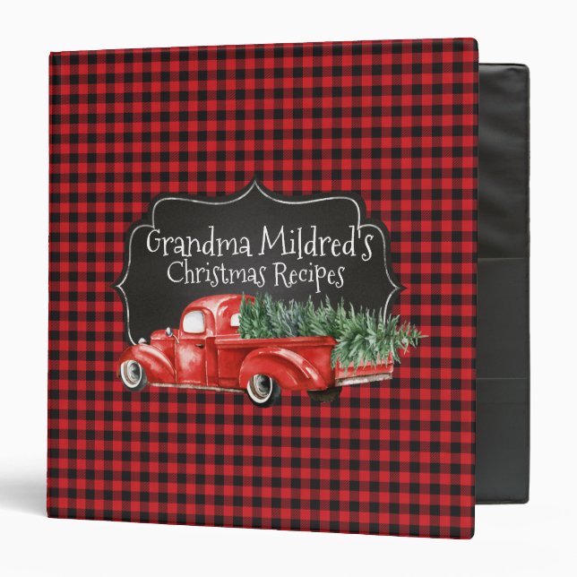 EDITABLE Red Black Buffalo Plaid w/Truck Xmas 3 Ring Binder (Front/Inside)