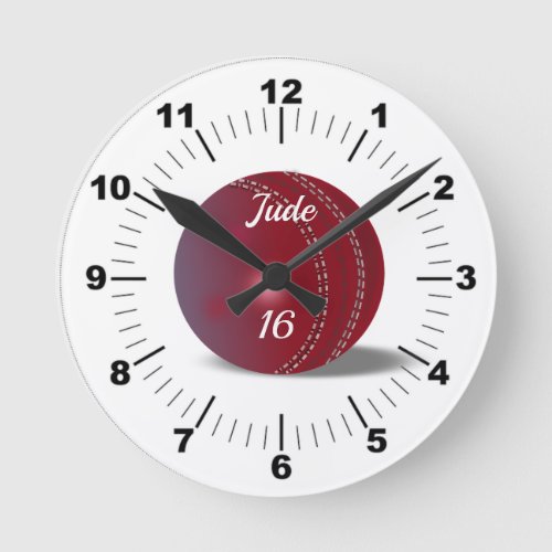 Editable Red Cricket Ball With Name and Number Round Clock