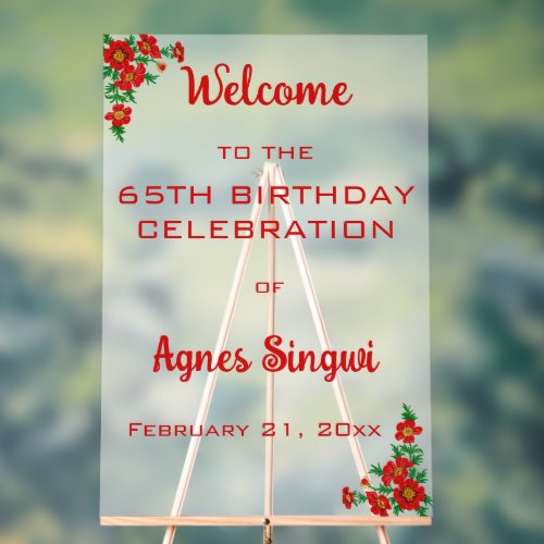 Editable Red Flowers Celebration  Acrylic Sign