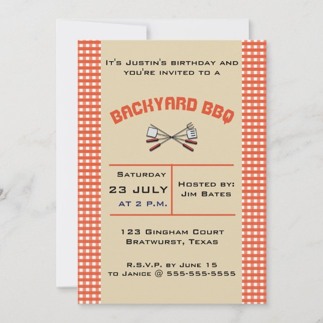 Editable Red Gingham BBQ Party Invitation (Front)