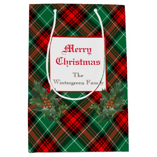 Editable Red Green Plaid with Holly Medium Gift Bag