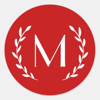 Editable Red Laurel Monogram Letter Initial Classic Round Sticker by MonogrammedShop at Zazzle