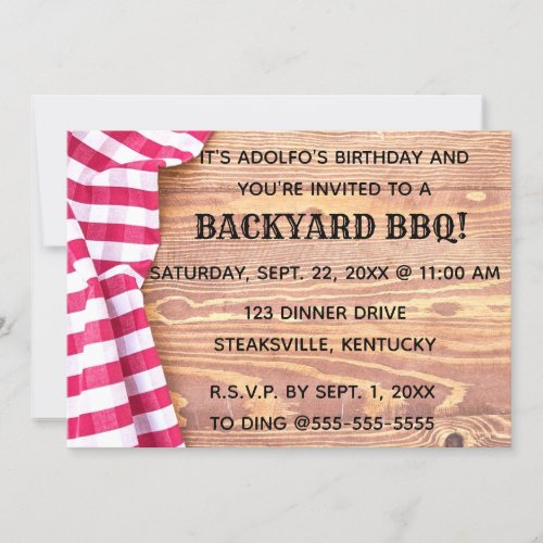 Editable Red Plaid Tablecloth Wood BBQ Invitation