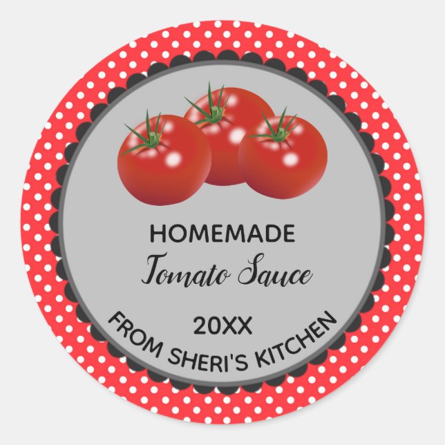 Editable Red Polka Dot Tomato Sauce Label Stickers (Front)