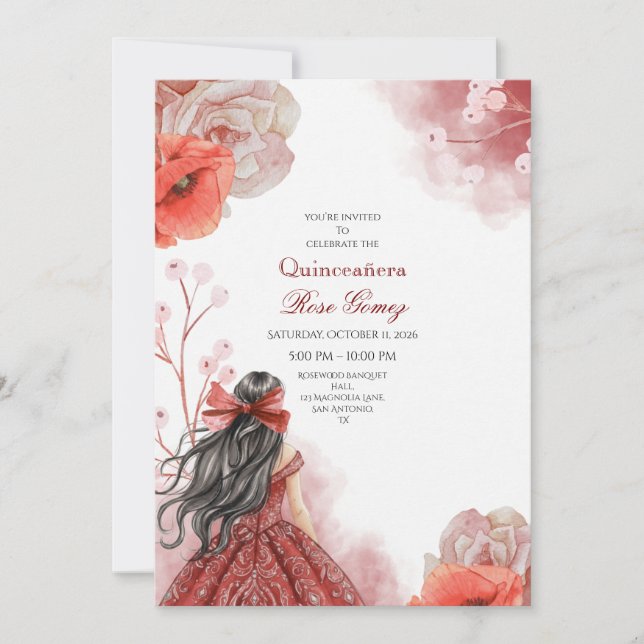 Editable Red Watercolor Quinceañera Invitation  (Front)