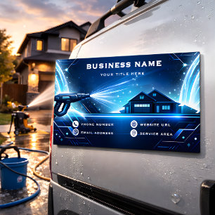 Editable Residential Pressure Washing Neon Tech Business Card Magnet