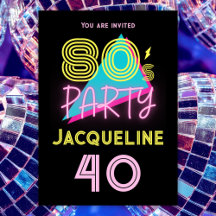 Editable Retro 80s Party Neon Pink 40th Birthday